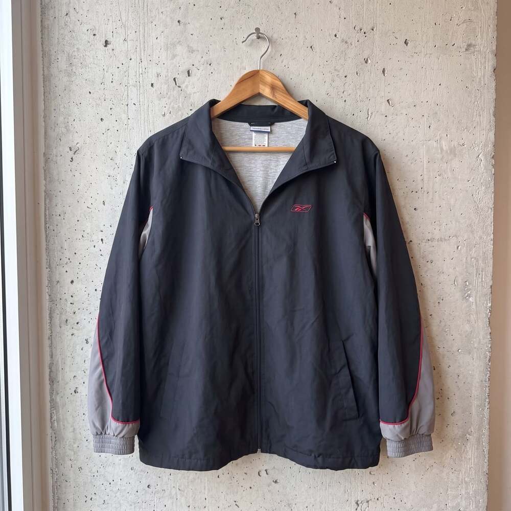 Reebok Track Jacket Size XL Black Gray Full Zip Windbreaker